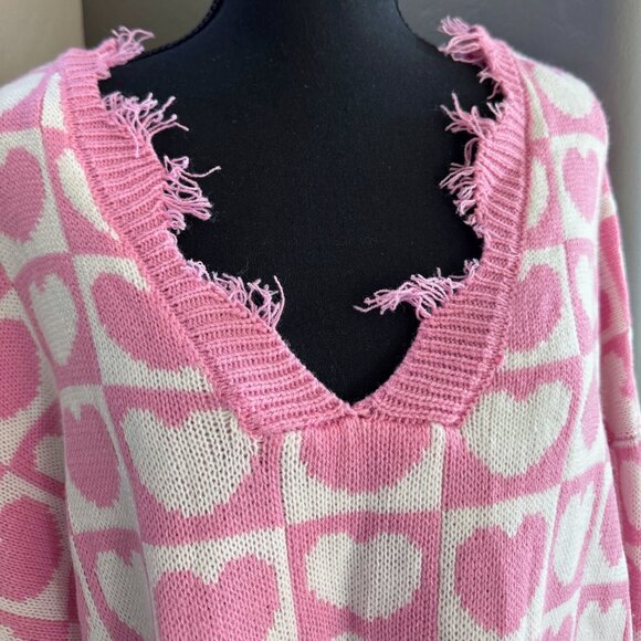 New NWOT Pink White Heart Hearts Distressed Valentines Sweater XL Extra Large - Picture 3 of 5